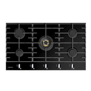 Parmco 900mm Black, Glass, 4 Burner + Wok, Gas Cooktop