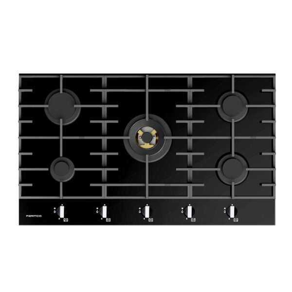 Parmco 900mm Black, Glass, 4 Burner + Wok, Gas Cooktop